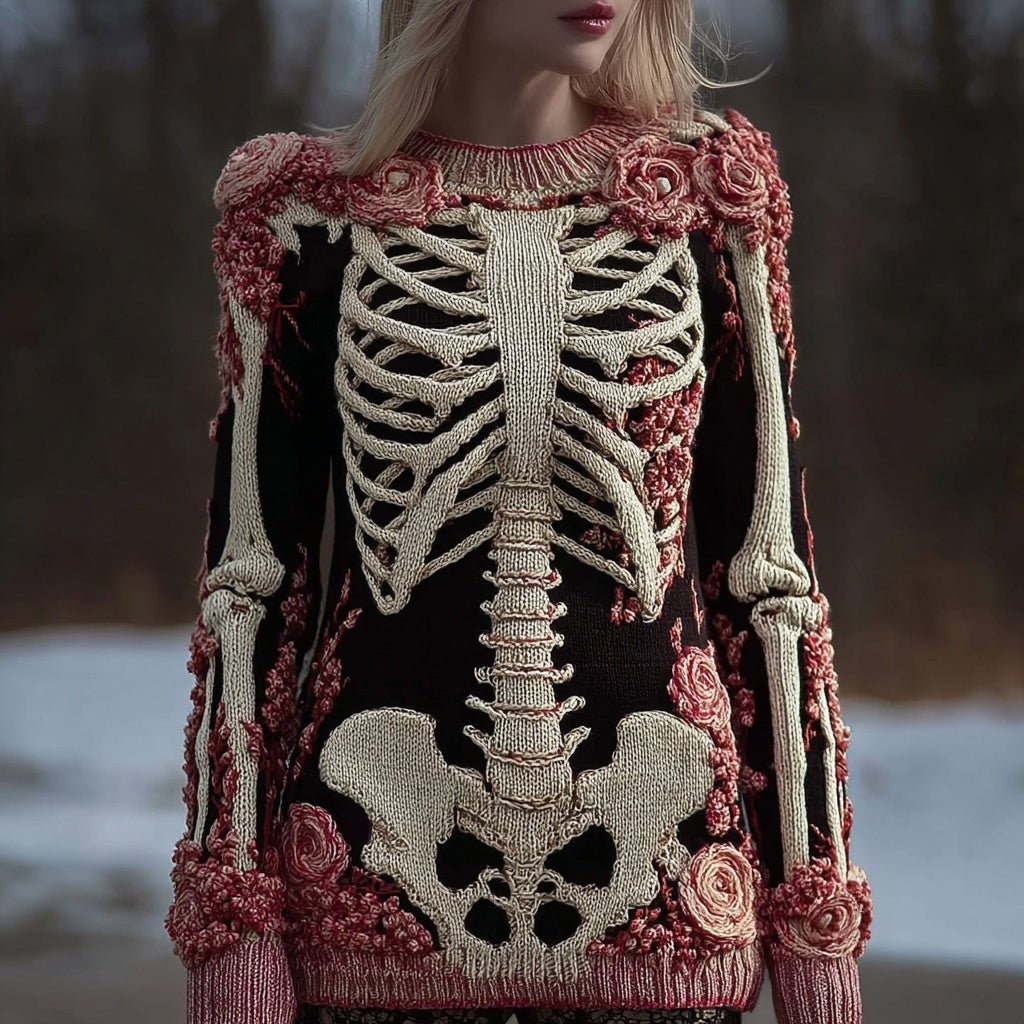 Vintage Skeleton Roses Crew Neck Comfy Knit Sweater