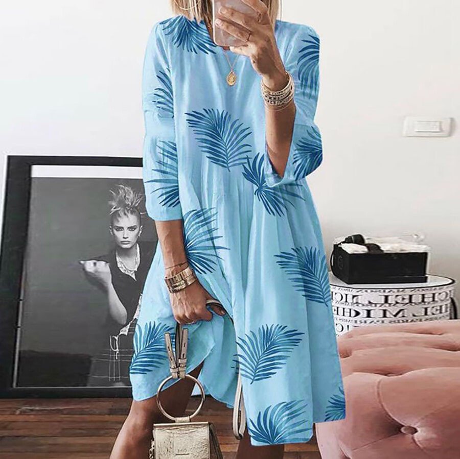 Airrys™ Loose Casual Cotton And Linen Tree Leaf Print Dress