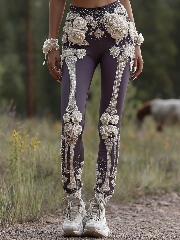 Vintage Halloween Skeleton Bones With Rose Art Cozy Knit Leggings