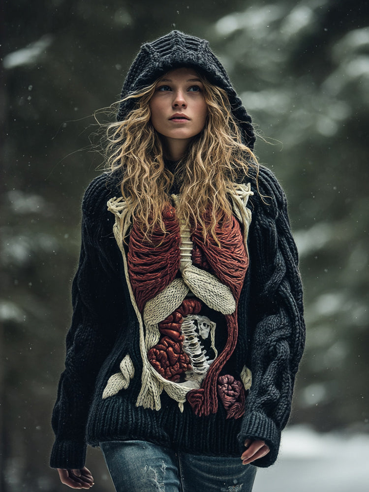 Women's Halloween Human Anatomy Art Knit Hooded Sweater