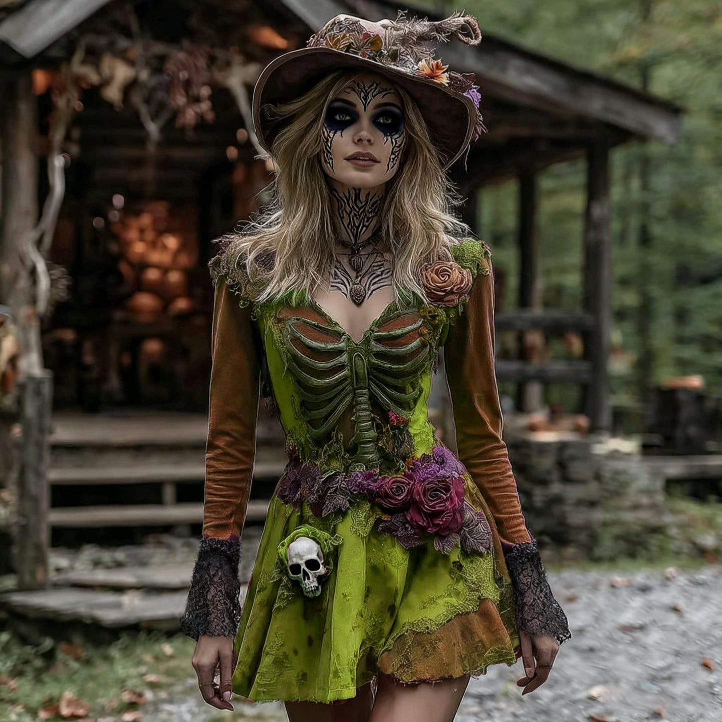 Halloween Rose Skeleton Witch Cosplay Midi Dress