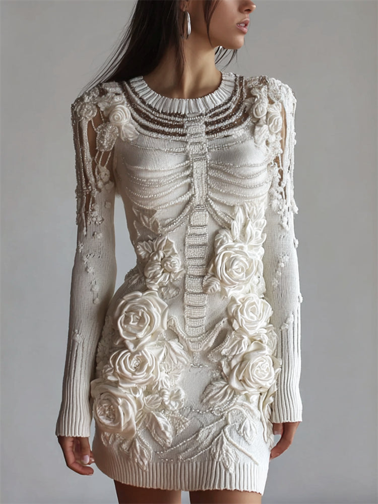 Classy Glitter Beaded Skeleton White Roses Knit Sweater Dress