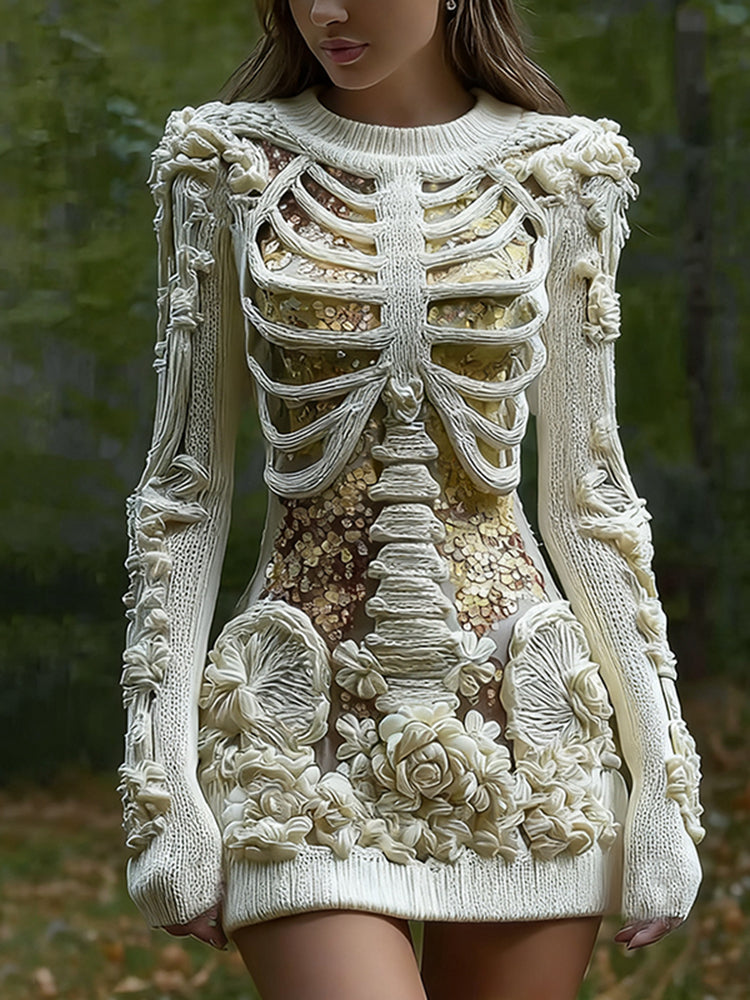 Women's Vintage Halloween Skeleton Bones With Glitter And Rose Art Cozy Knit Mini Sweater Dress