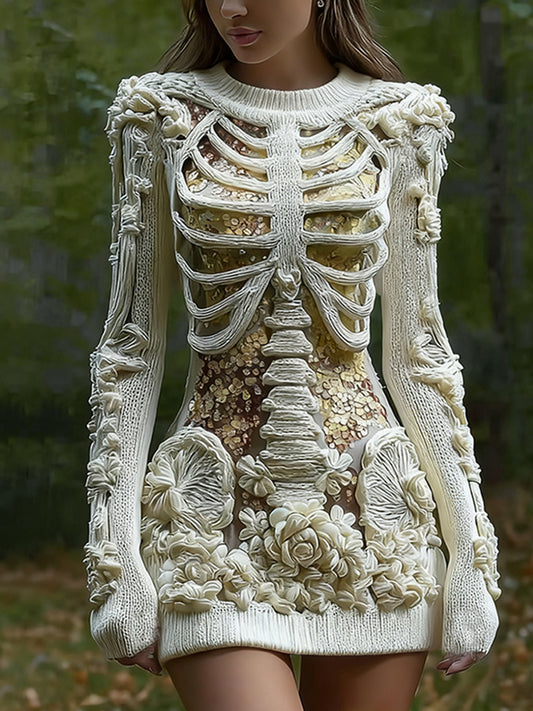 Women's Vintage Halloween Skeleton Bones With Glitter And Rose Art Cozy Knit Mini Sweater Dress