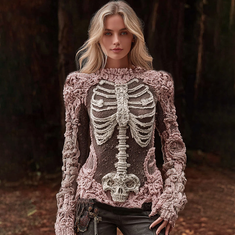 Women's Vintage Halloween Anatomy And Skeleton Art Cozy Sweater