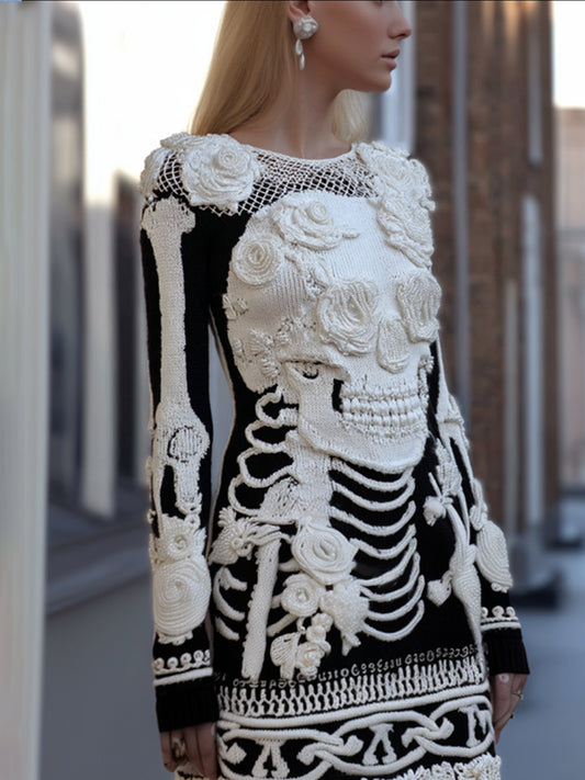 Women's Halloween Skeleton And Rose Lace Knitted Round Neck Skirt