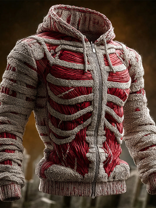 Halloween Bloody Skeleton Bandage Art Men's Knit Hooded Zip-up Sweater