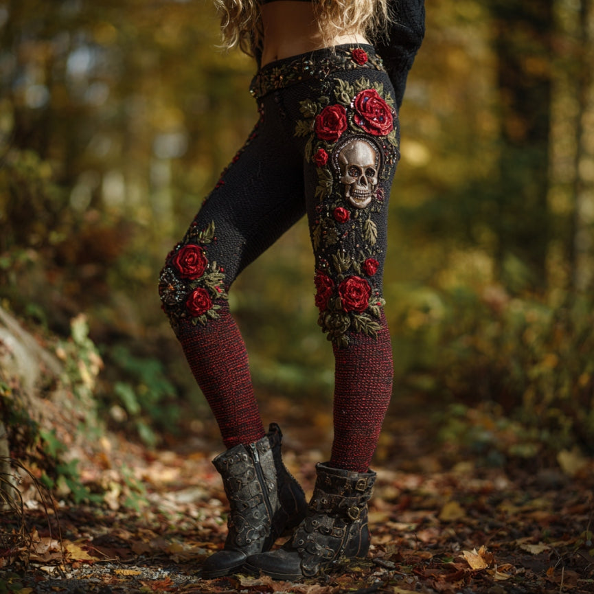 Women's Vintage Skull And Rose Pattern Comfortable Leggings