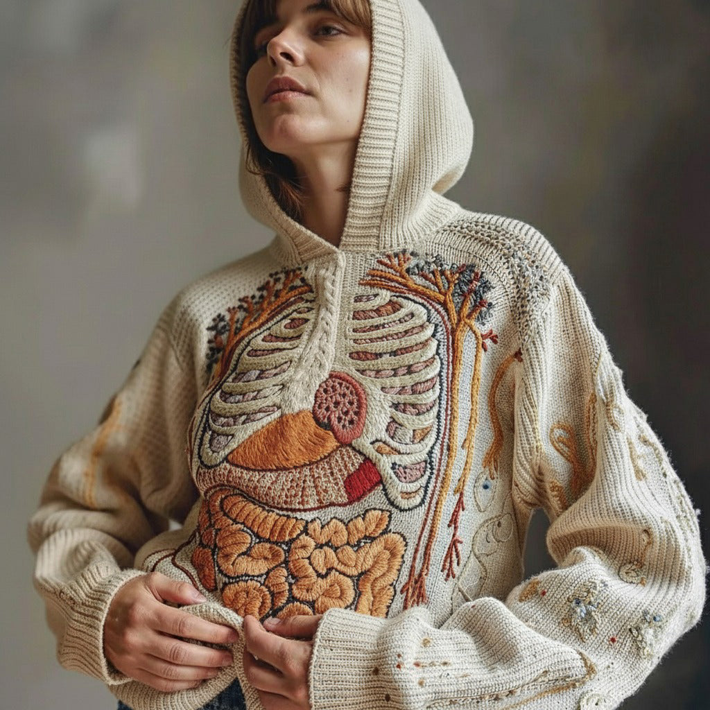 Vintage Halloween Anatomy Art Chunky Knitted Hooded Sweater