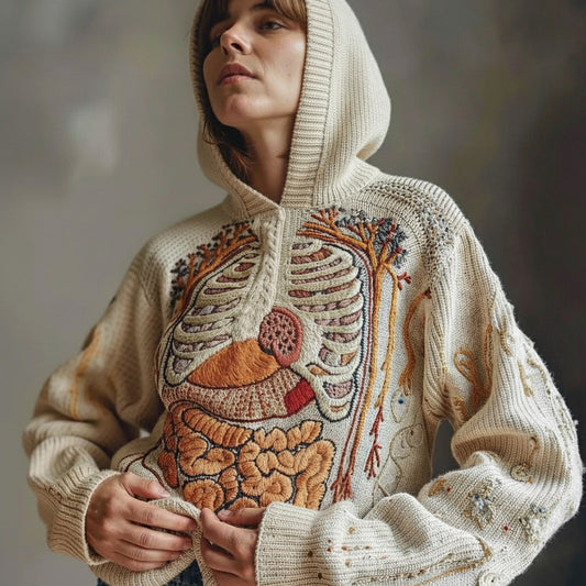 Vintage Halloween Anatomy Art Chunky Knitted Hooded Sweater