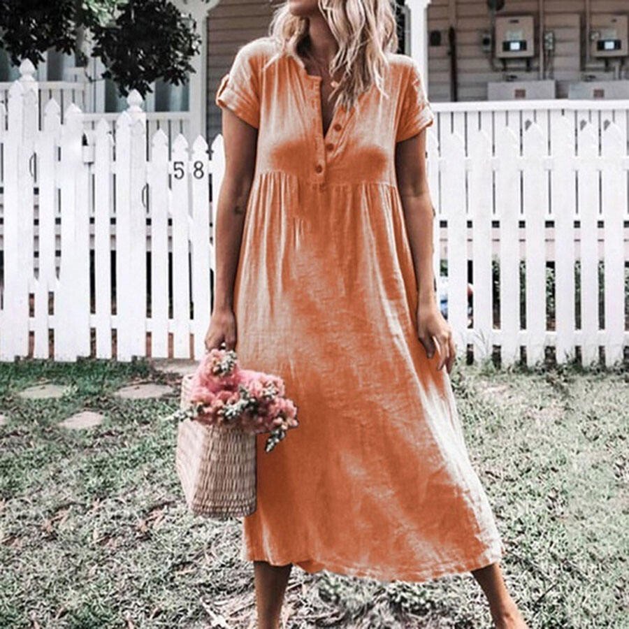 Airrys™ Pure Color Casual Cotton Blend Short Sleeve Dress