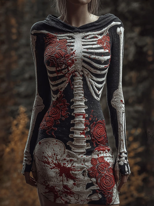 Halloween Skull Floral Knitted Warm Hooded Sweater