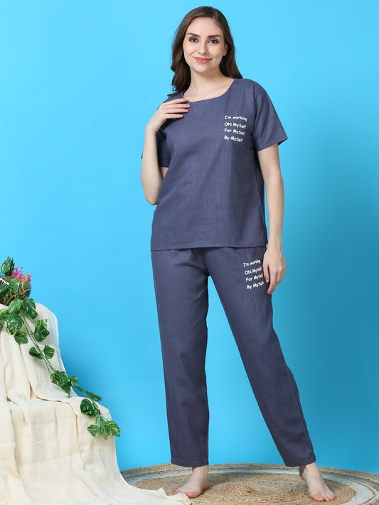 Linen Round Neck Co-ord Sets Steel Blue