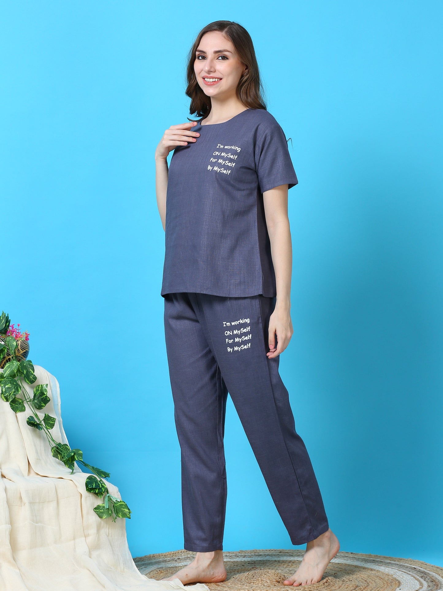 Linen Round Neck Co-ord Sets Steel Blue