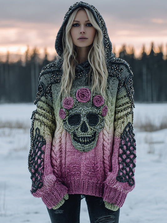 Women's Vintage Skull Flower Gradient Art Cozy Knitted Hooded Sweater