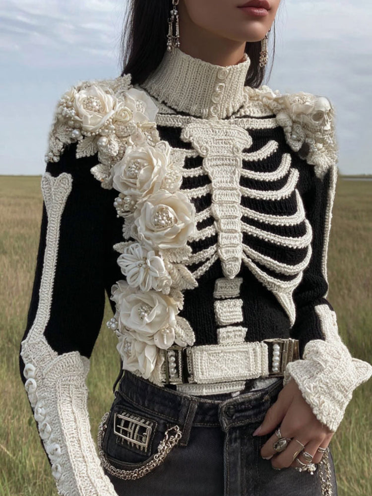 Women's Vintage Skeleton & Rose Art Cozy High Neck Sweater