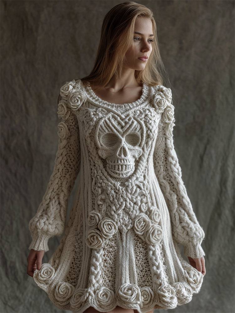 Vintage White Roses Celtic Skull Cozy Knit Sweater Dress