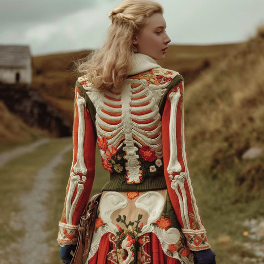 Women's Halloween Human Anatomy And Flower Art Embroidery Color Blocked Hoodie Sweater