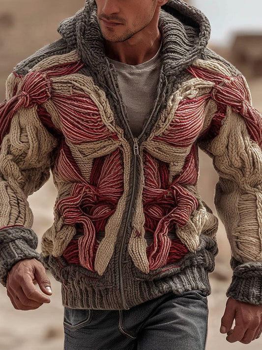 Men's Muscle Anatomy Art Warm Chunky Knit Zip-up Sweater