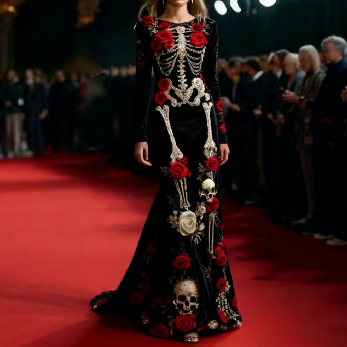 Women's Halloween Rose Skull Velvet Round Neck Maxi Dress