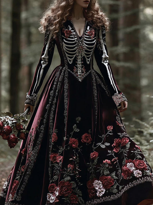 Vintage Skeleton Bones With Roses Flowy Maxi Dress