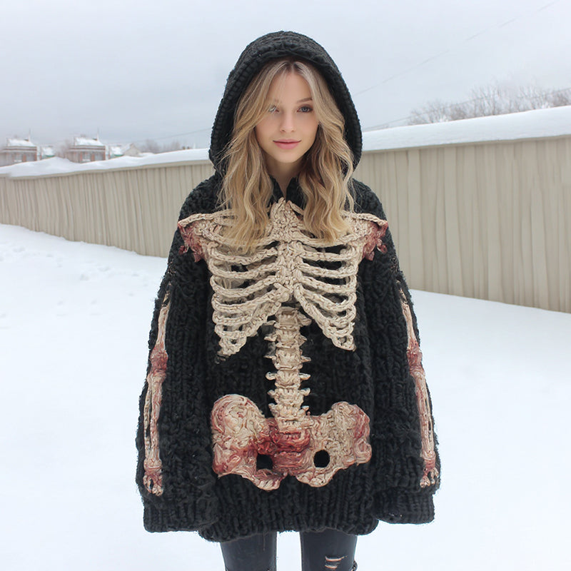 Women's Retro Skeleton Floral Art Knit Hooded Sweater