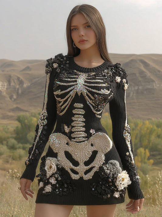 Women's Vintage Skull Floral Art Cozy Sweater Dress