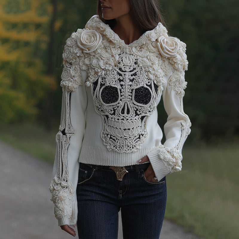 Women's Halloween Skull Face With Roses Art Knitted Warm Hooded Sweater