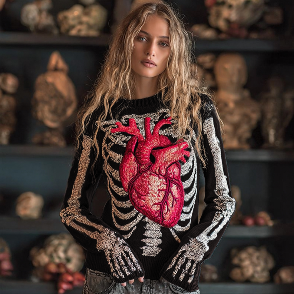Women Halloween Human Bones Beating Red Heart Embroidery Antique Round Neck Sweater
