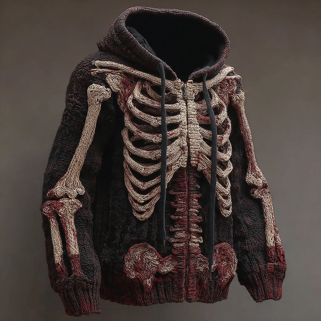 Men's Vintage Halloween Anatomy Art Knit Zip-up Hooded Sweater