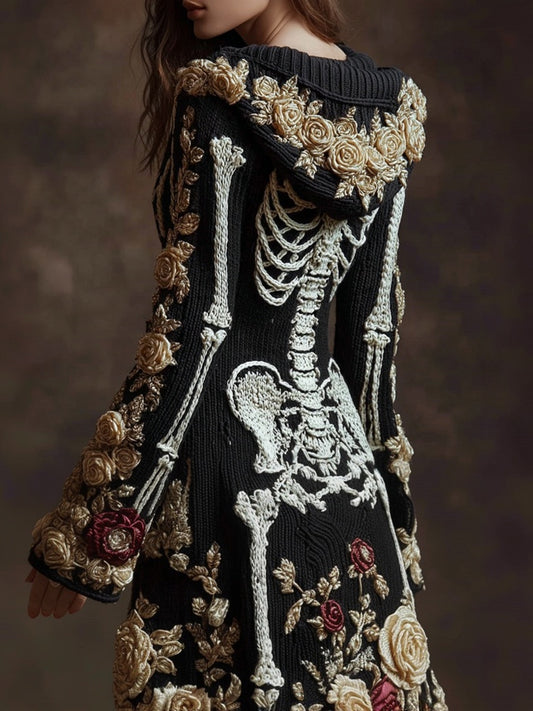 Classy Skeleton Roses Embroidered Hooded Sweater Cardigan