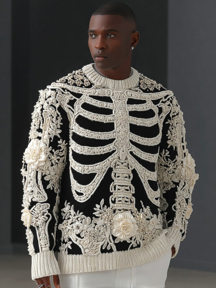 Men's Skull Flower Art Cozy Knit Pullover Sweater