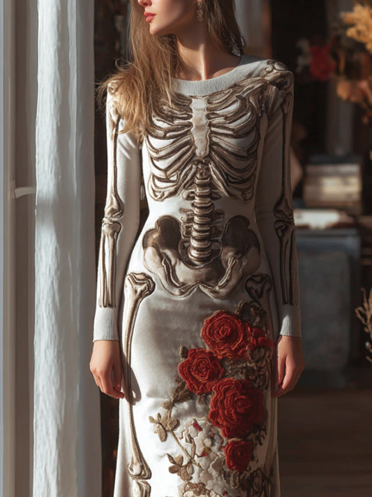 Women's Halloween Silver Skull Red Rose Dress