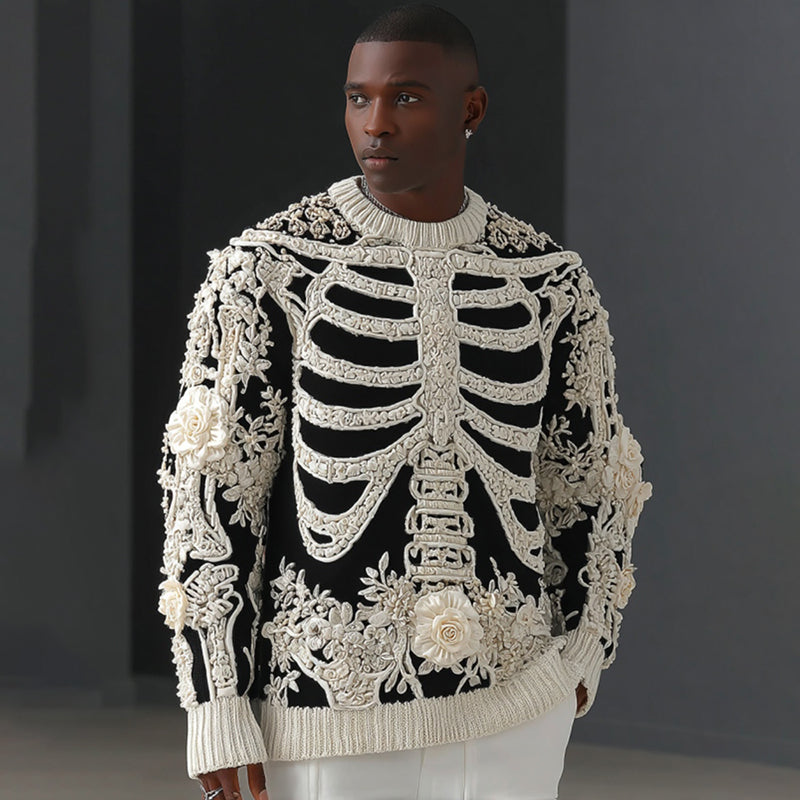 Men's Skull Flower Art Cozy Knit Pullover Sweater