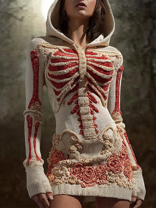 Halloween Bloody Skeleton & Floral Art Women's Knit Mini Dress