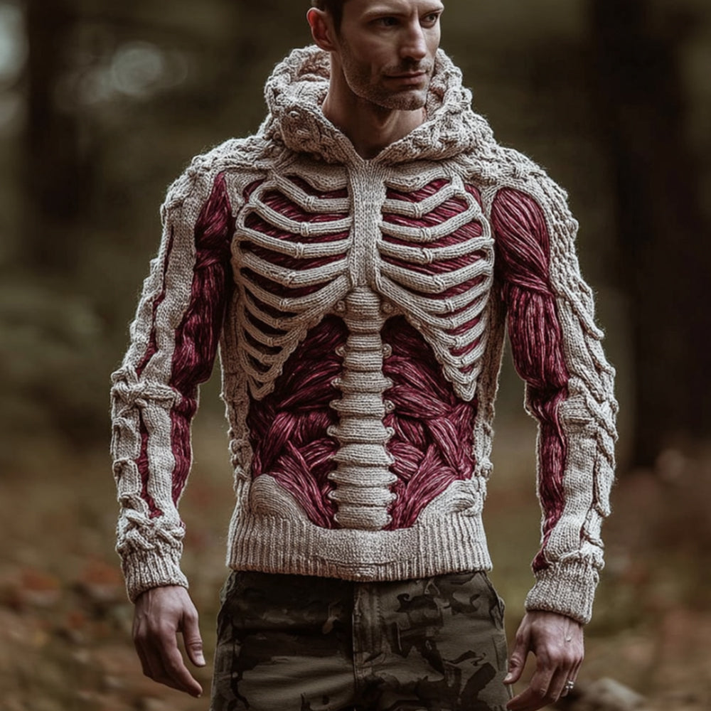 Halloween Anatomy Art And Muscle Red Coarse Needle Hooded Sweater