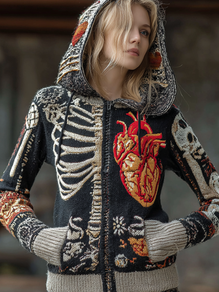 Halloween Skeleton Pattern Women's Knit Hooded Sweater Jacket