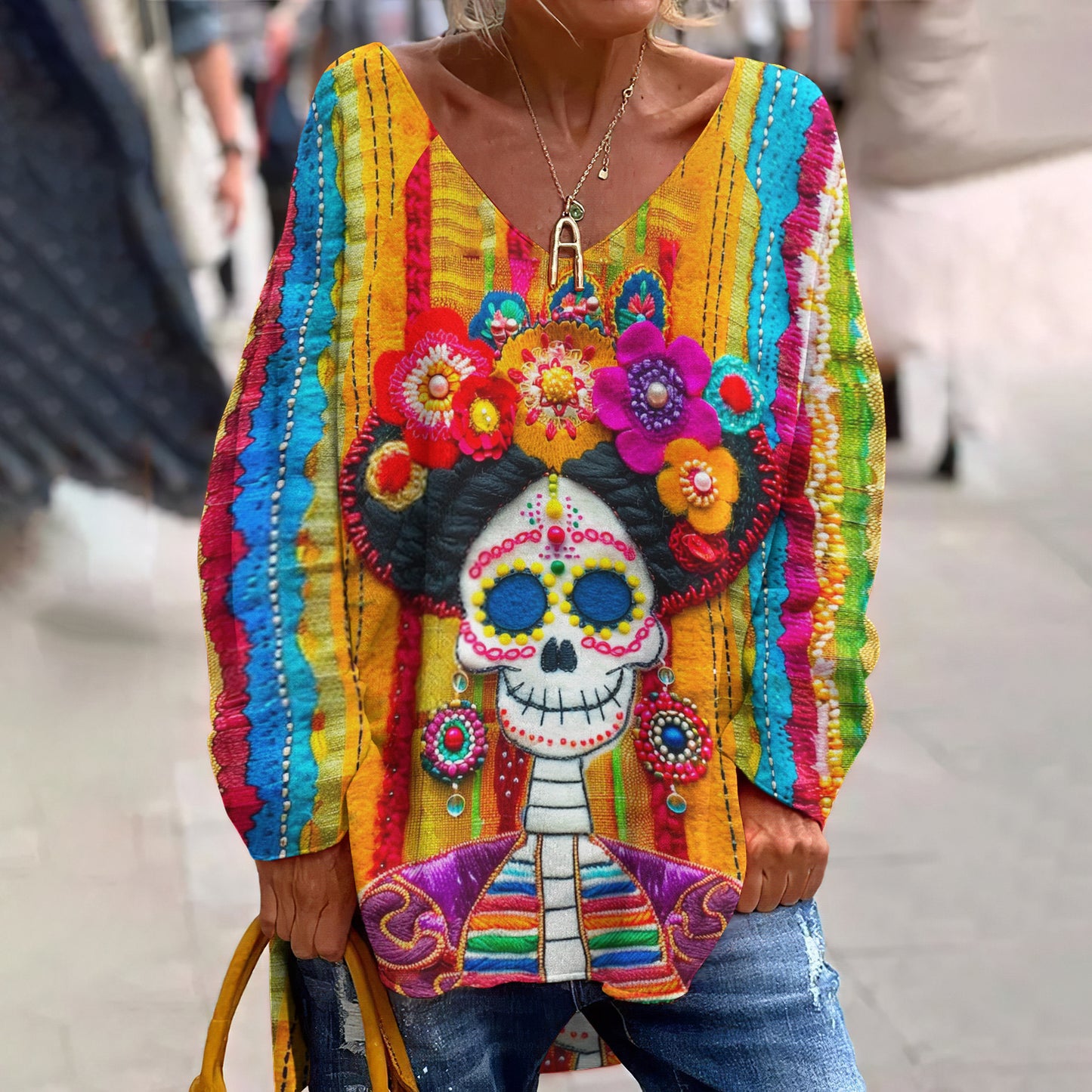 Classy Mexican Sugar Skeleton Catrina Day Of The Dead Inspired Pattern Art Printed V-Neck T-Shirt