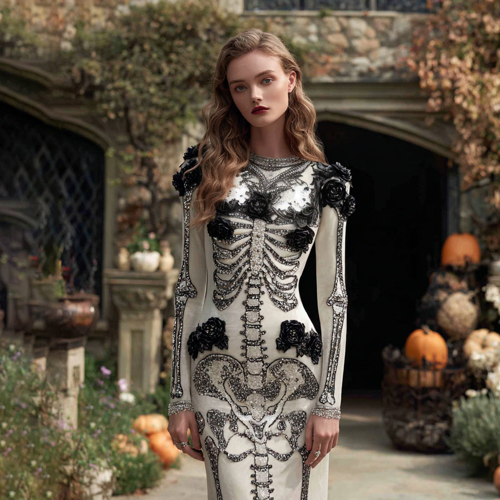 Women's Halloween Skeleton Bones Rose Velvet Maxi Dress