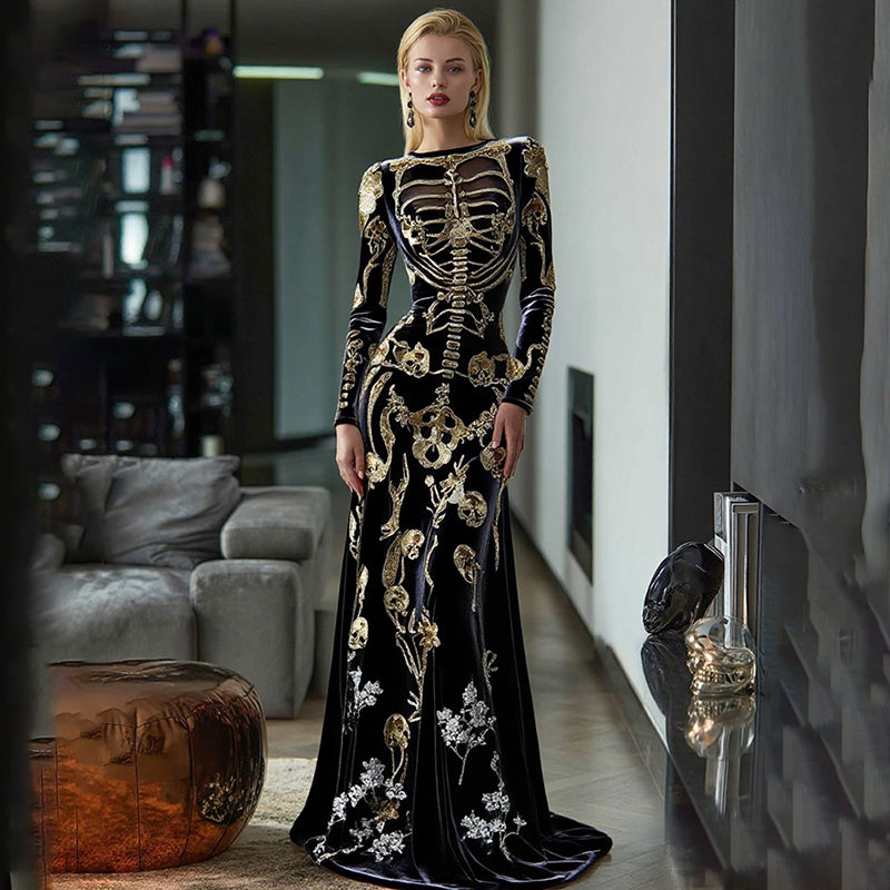 Women's Vintage Skeleton Bones In Gold Art Velvet Maxi Dress
