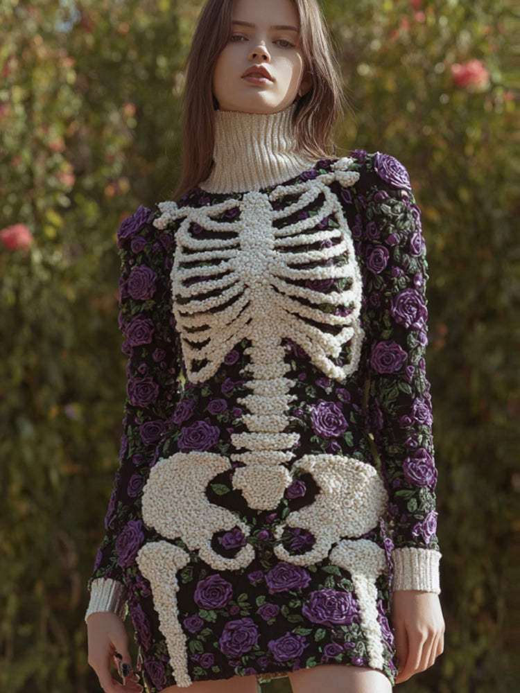 Women's Vintage Halloween Skeleton Bones With Rose Art Cozy Knit Mini Sweater Dress