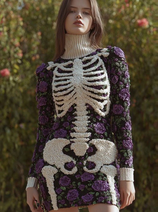 Women's Vintage Halloween Skeleton Bones With Rose Art Cozy Knit Mini Sweater Dress