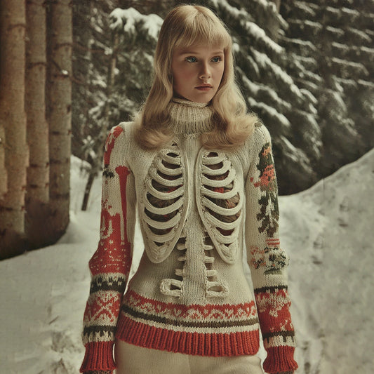 Women's Vintage Tribal Skeleton Art Cozy High Neck Sweater