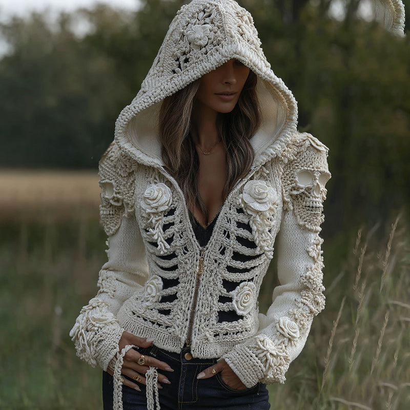 Women's Halloween Skeleton Bones With Roses And Skull Art Knitted Warm Zipped Hooded Sweater