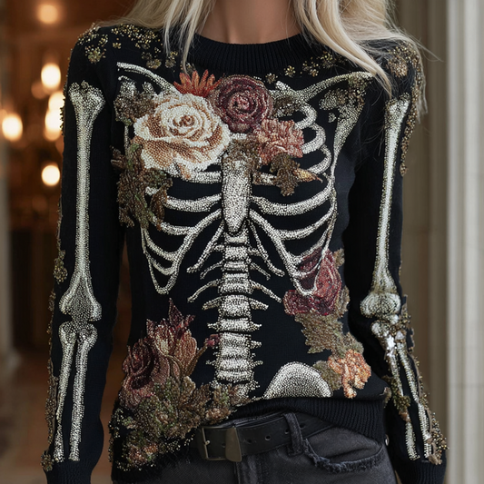 Halloween Skeleton And Plant Flower Pattern Combined Design Women's Knitted Sweater