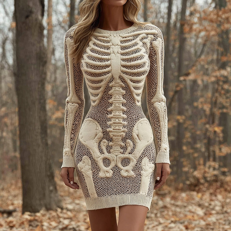 Women's Vintage Halloween Skeleton Bones Comfortable Elegant Sweater Dress