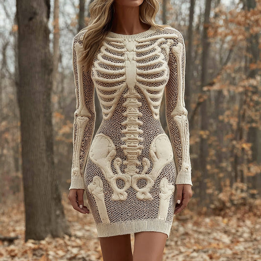 Women's Vintage Halloween Skeleton Bones Comfortable Elegant Sweater Dress