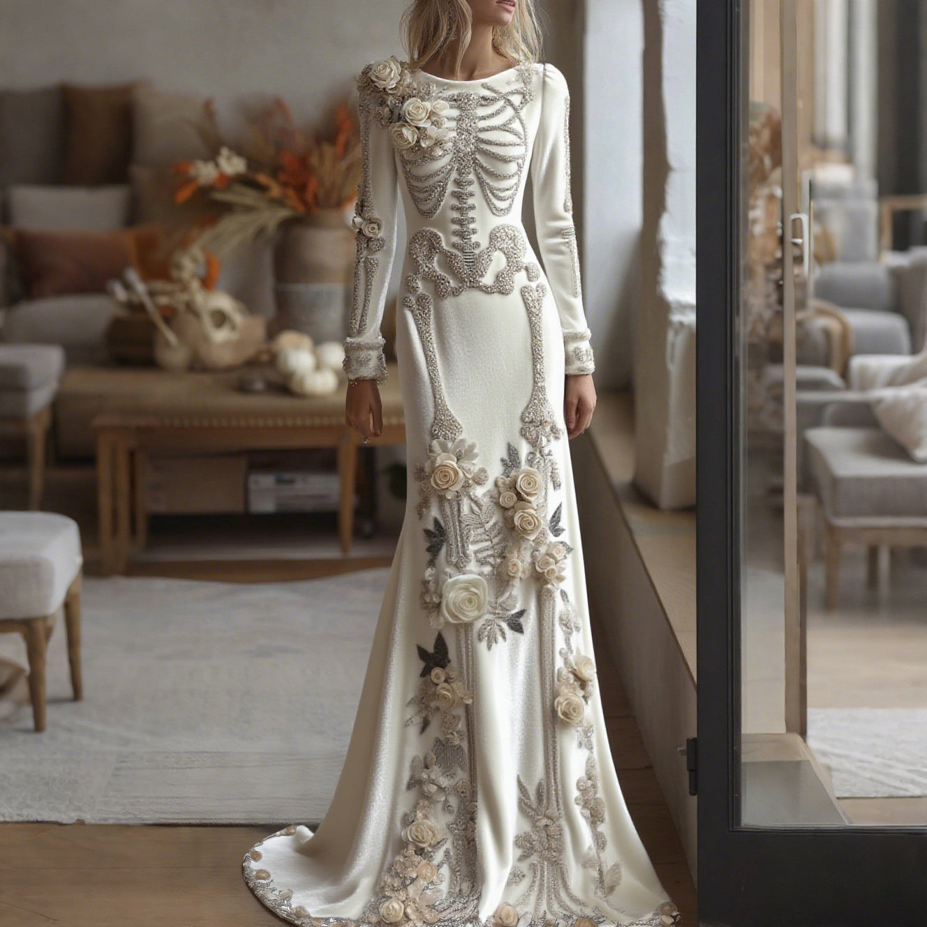 Women's Halloween Dark Gothic Rose Skeleton Velvet Round Neck Maxi Dress