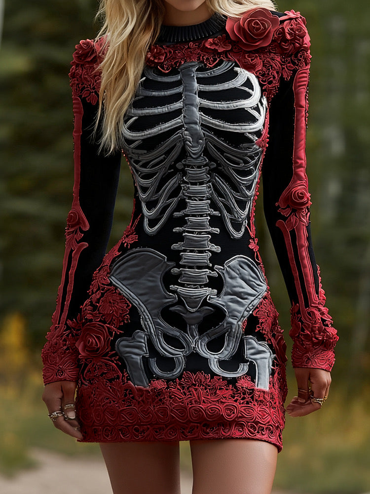 Women's Halloween Skeleton Bones Leather With Rose Pattern Art Hot Sexy Style Cozy Knit Mini Sweater Dress