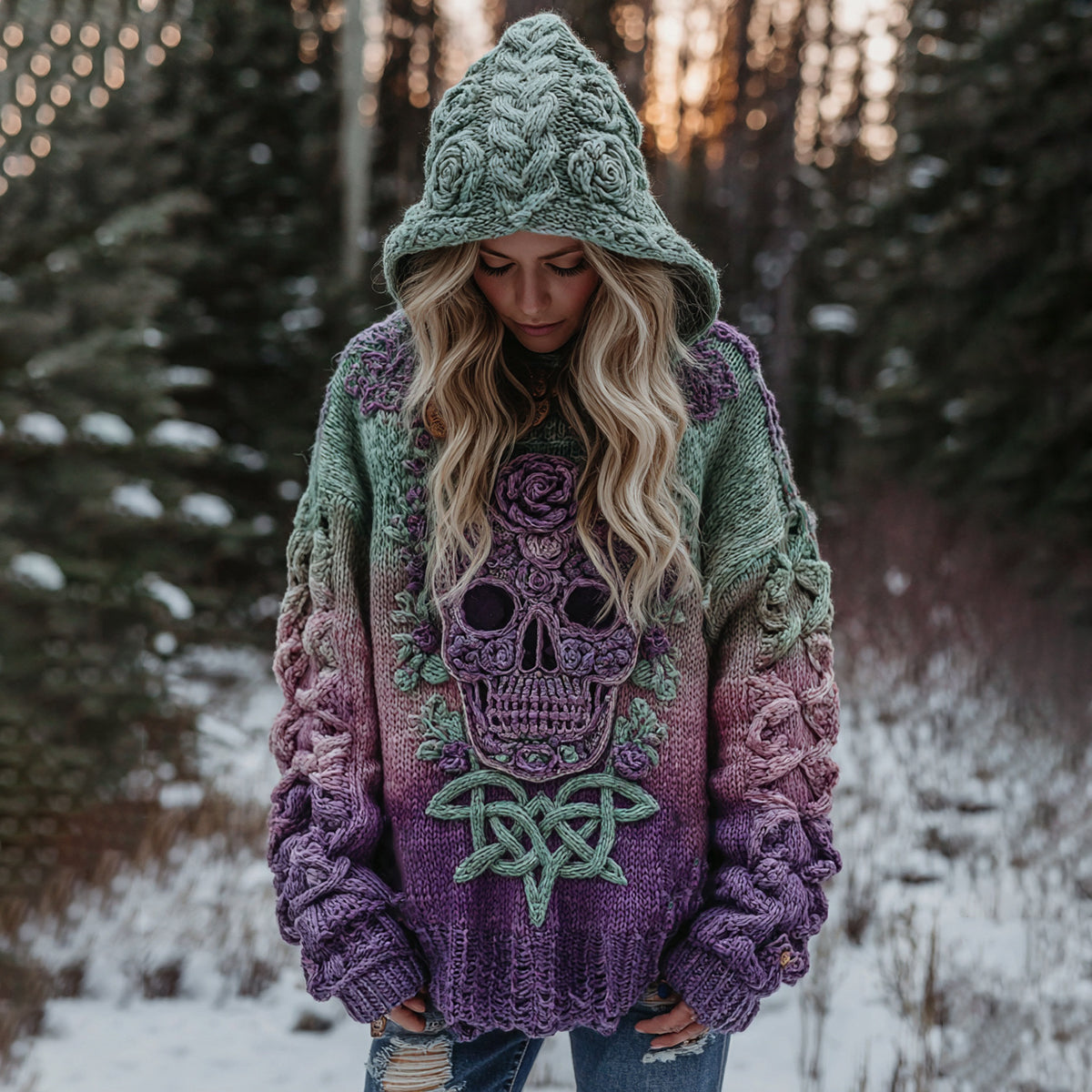 Women's Viking Tribal Jacquard Celtic With Rose And Skull Inspired Chunky Knit Hooded Sweater